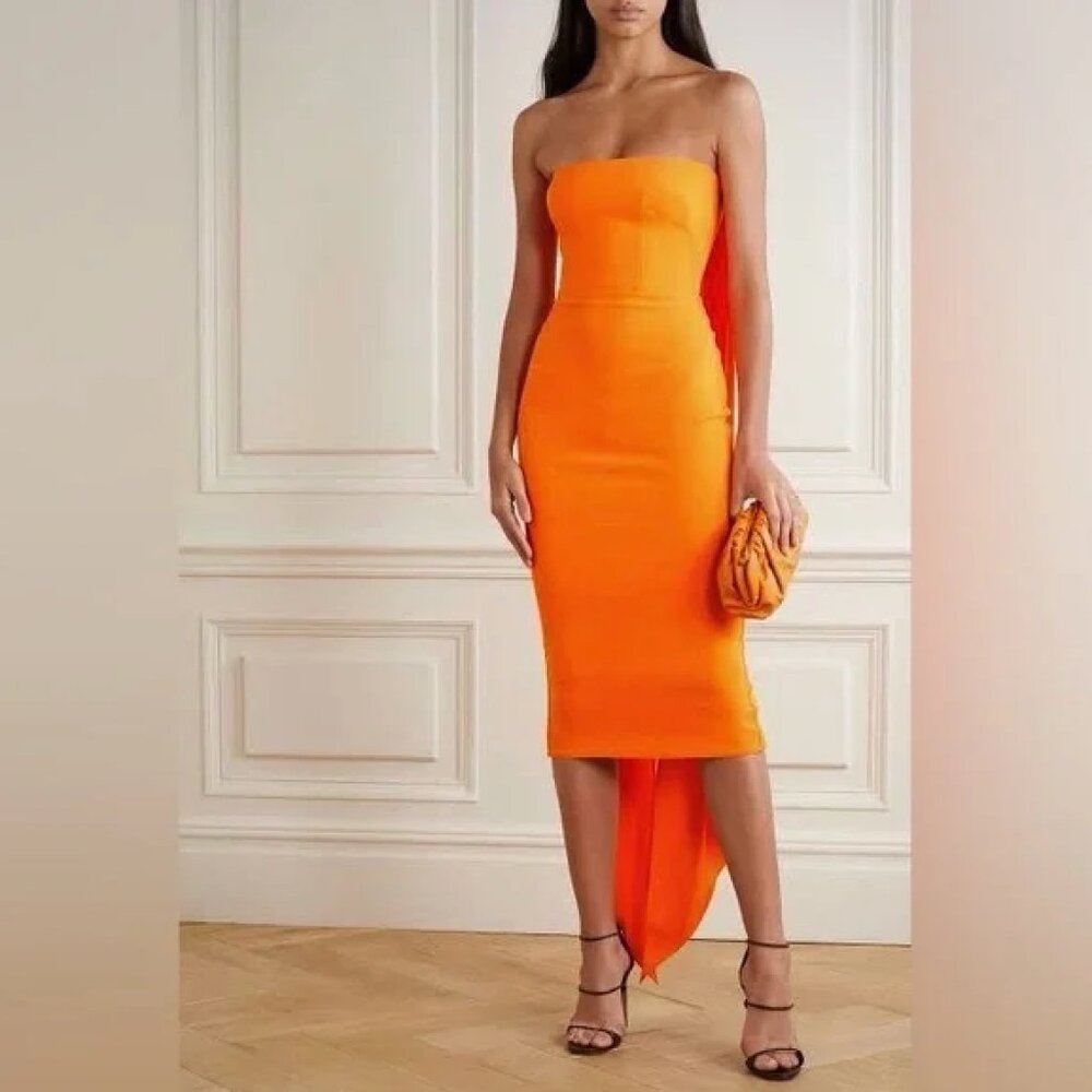 Alex Perry Hall Orange Strapless Crepe Cocktail Midi Dress Draped Gown - Picture 2 of 9